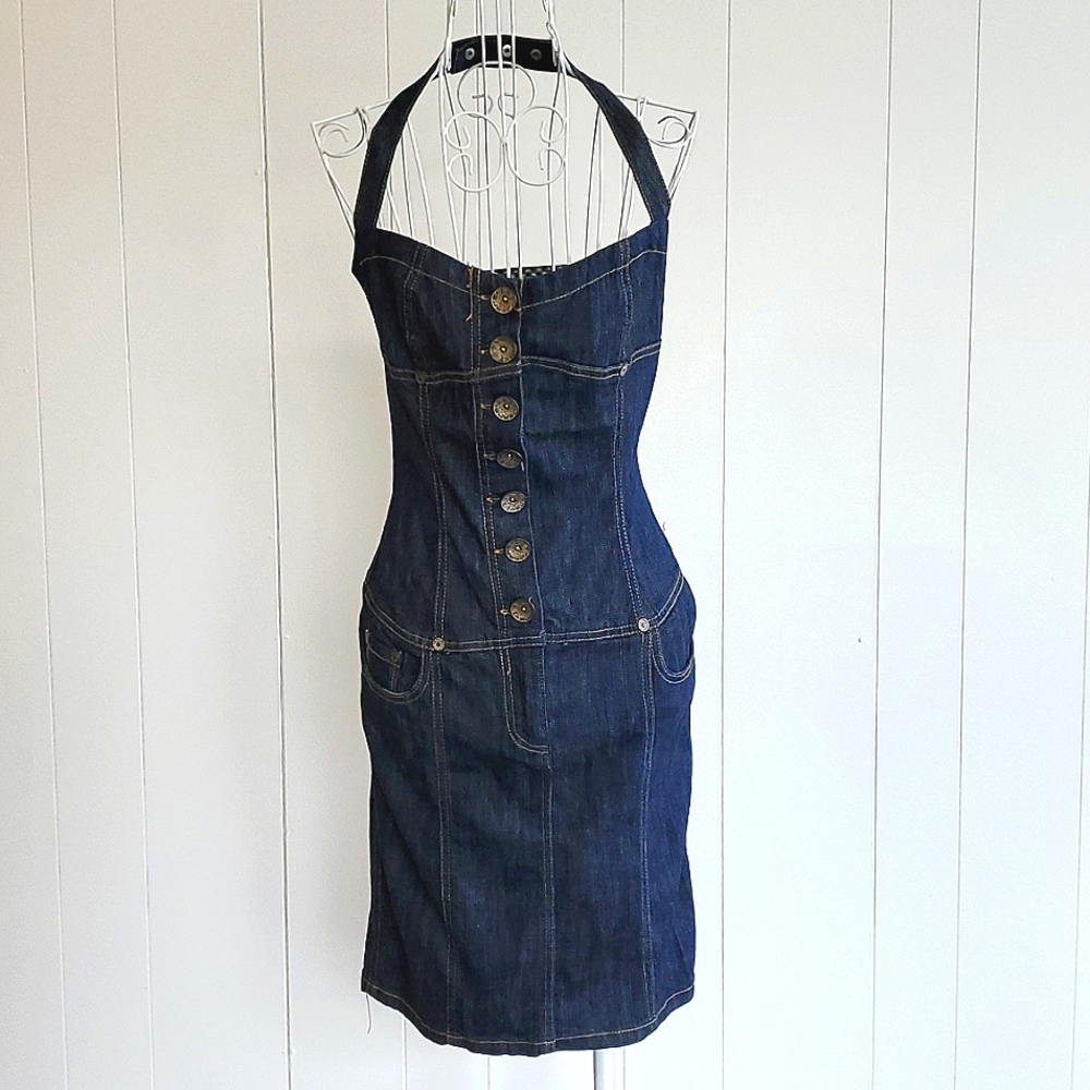 Zara TRF Demin Blue Halter Bodycon Dress Size S